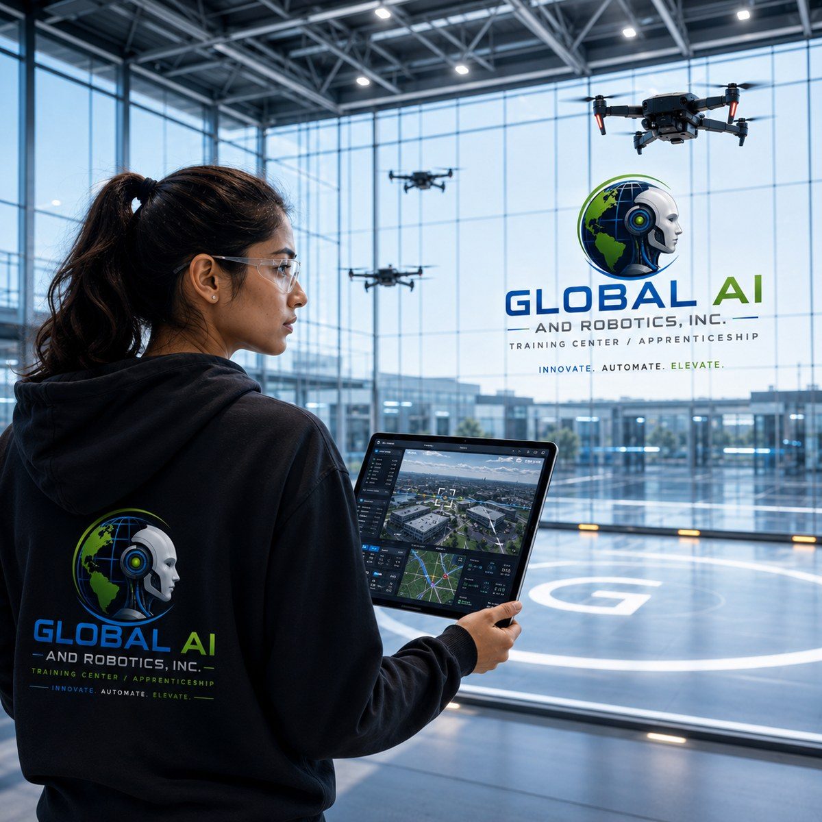 GAIRI apprentice in a branded hoodie operating drones from a tablet in the GAIRI training center drone arena