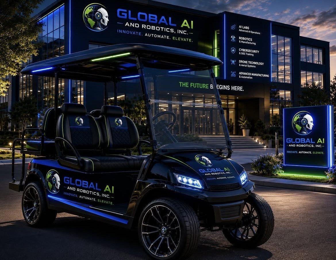 Concept rendering of the Global AI and Robotics, Inc. training center at night with a branded shuttle cart and illuminated monument sign