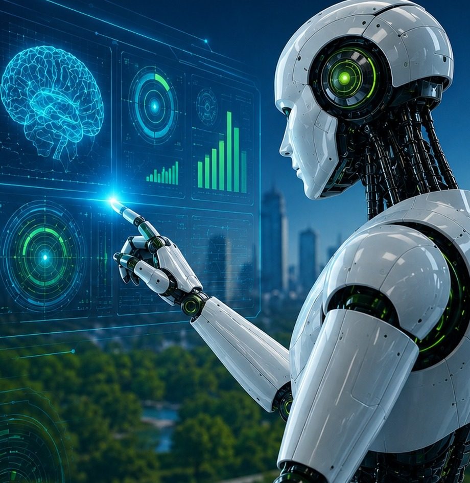 Humanoid robot interacting with a holographic AI interface