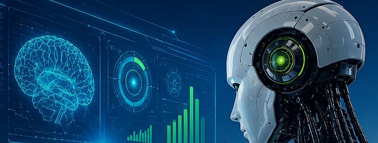 Humanoid AI analyzing a holographic neural network dashboard