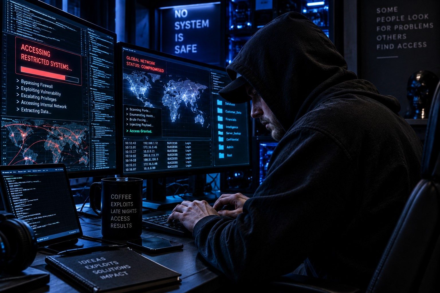 Hooded figure in a dark room attempting a cyber intrusion on a laptop